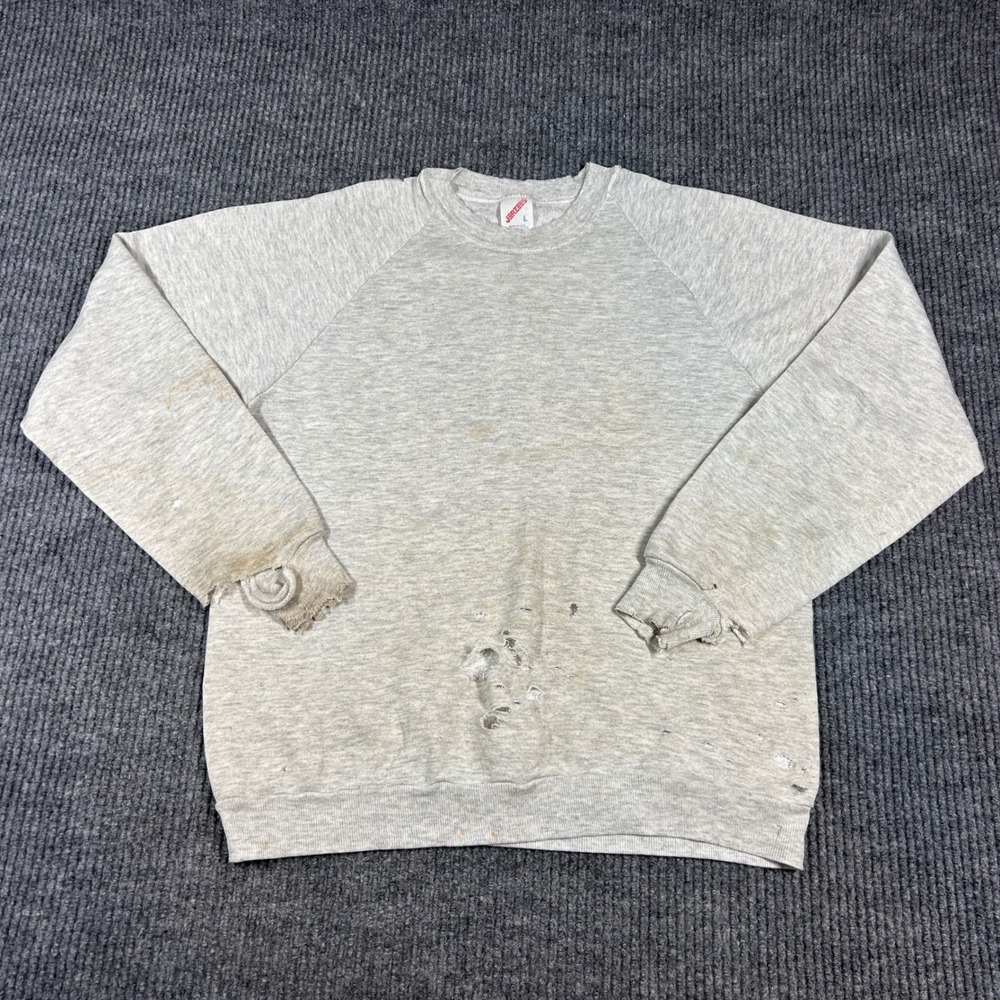 Vintage Jerzees Blank Sweatshirt Mens Large Gray Raglan Distressed Made‎ in USA
